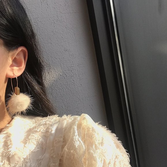 Furry Fur Ball Wood Hook Earrings - Picture 2 of 13